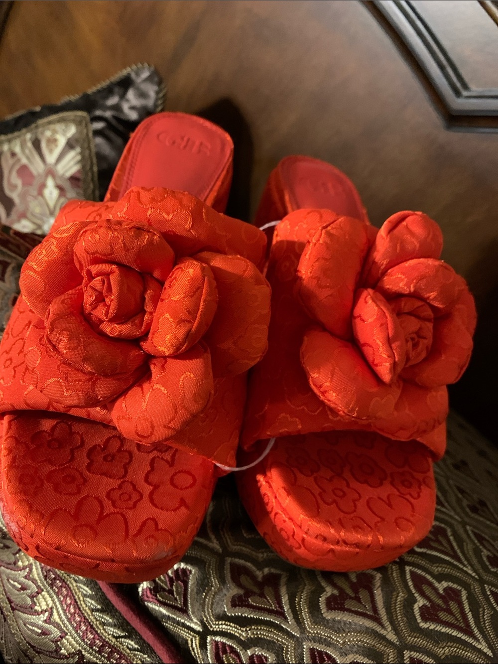 GB girls Red Floral Slide Sandals with Rosette